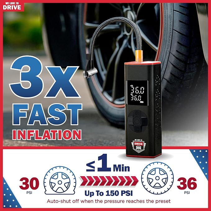 Tire Inflator Portable Air Compressor with LED Light – 12V DC Cordless Air Pump & Auto Shut-Off Function, 150 PSI Electric Air Pump for Car Tires with Digital Tire Pressure Gauge and Car Accessories