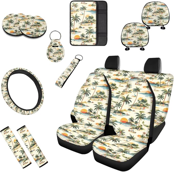 Coconut Tree Car Seat Cover Full Set of 13, Hawaii Beach Vehicle Headrest Cover Cup Holder Coaster, Tropital Sunset Automotive Interior Covers for Sedans Trucks