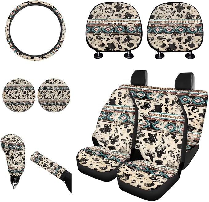 Wanyint Aztec Cow Print Retro Car Seat Cover for Front Back Seat Full Set Auto Steering Wheel Cover, Shift Knob Handbrake Covers, Coasters, Hedrest Cover Car Interior Accessories Protector