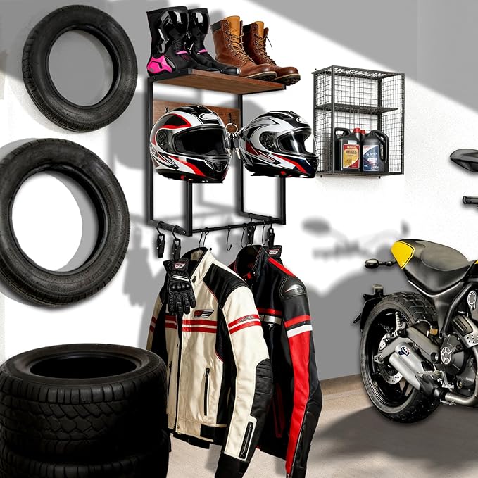 NANXITU Motorcycle Helmet Holder Wall Mount, Wooden Helmet Display Stands with Metal Frame Tiered Organizer,with 2 Helmet Rack,4 Glove Chips and 8 Hooks for Motorcycle Gear Accessories Storage