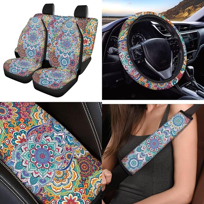 Art Mandala Car Seat Covers Set 12 Pack with Steering Wheel Cover Auto Seat Belt Cover Cup Coasters Center Console Cover Car Accessories Universal Fit for Most Cars,SUVs