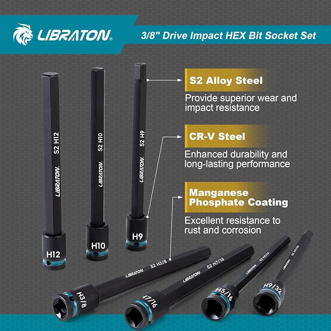 LIBRATON 3/8" Drive Long Impact Hex Bit Socket Set, Allen Bit Sockets, S2 Steel Hex Head Sockets, 20PCS Allen Wrench Socket, SAE&Metric Allen Bit Socket Set, 6" Long Allen Key Socket, Blow Molded Box