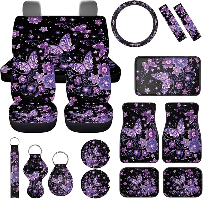 Purple Butterfly Car Cover Seats Full Set of 17 Pcs Purple Butterfly Car Accessories Set with Car Mats Full Set Steering Wherl Cover Seat Belt Cover Pad Center Console Cover,Universal Fit