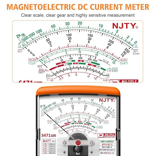 NJTY S471 Analog Pointer Multimeter, High Sensitivity Needle Meter for DC/AC Voltage Current Resistance Testing, Portable Battery and Load Tester with Built-in Fuses