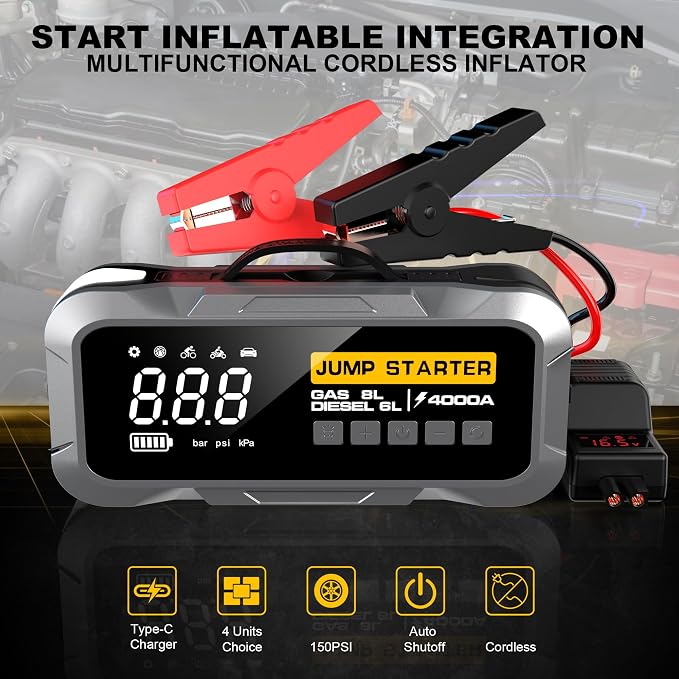 4000A Car Jump Starter with Air Compressor 150PSI Tire Inflator — 12V Portable Battery Booster Power Pack 20000mAh — Emergency Jump Box for 10L Gas 8L Diesel Engines with LED Light USB Charger