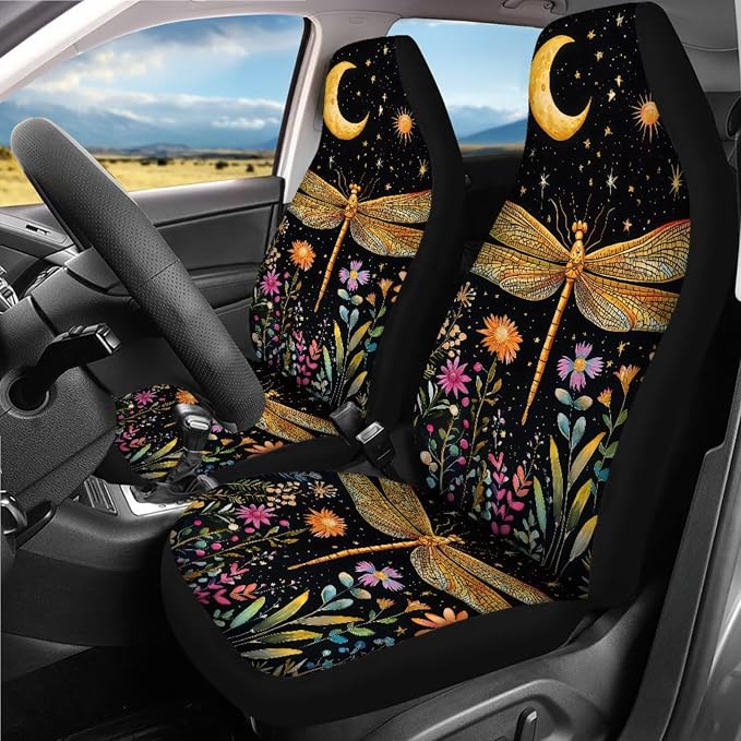Golden Dragonfly Car Seat Covers Full Sets of 18 Pcs Universal Car Interior Accessories Sets with Dragonfly Car Headrest Covers Car Seat Belt Pads Cover Auto Trash Can Steering Wheel Wrap
