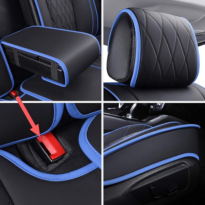Aierxuan Car Seat Covers Full Set Waterproof Leather Compatible with Toyota Highlander Corolla Prius Camry Rav4 Mdx Chevy Blazer Cobalt Trailblazer Cruze Equinox Malibu Buick, Black-Blue