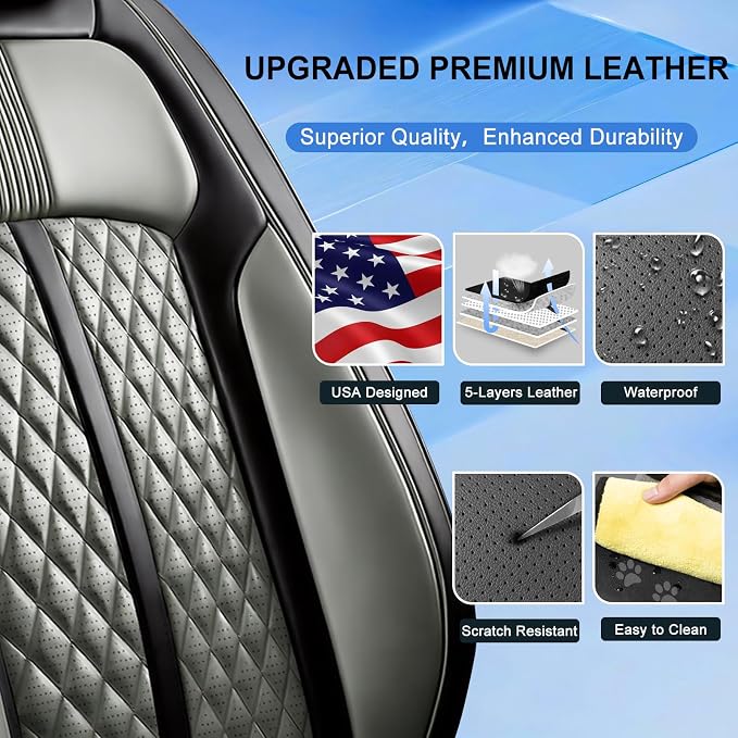 Fit Lacrosse Car Seat Covers for Select Buick Lacrosse 2005-2019 - Premium Full Coverage Leather, Airbag Compatible, Waterproof & All Weather Seat Cushion Protector, Full Set, Black+Gray