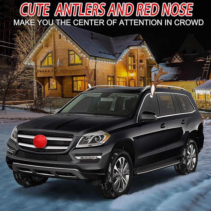 Car Reindeer Antlers & Nose Decorations - Premium Xmas Rudolph Antlers Kit with Red Nose, Tail, and Ears - Cute Auto Holiday Accessories for SUV, Van, Truck Roof Top Christmas Decorations