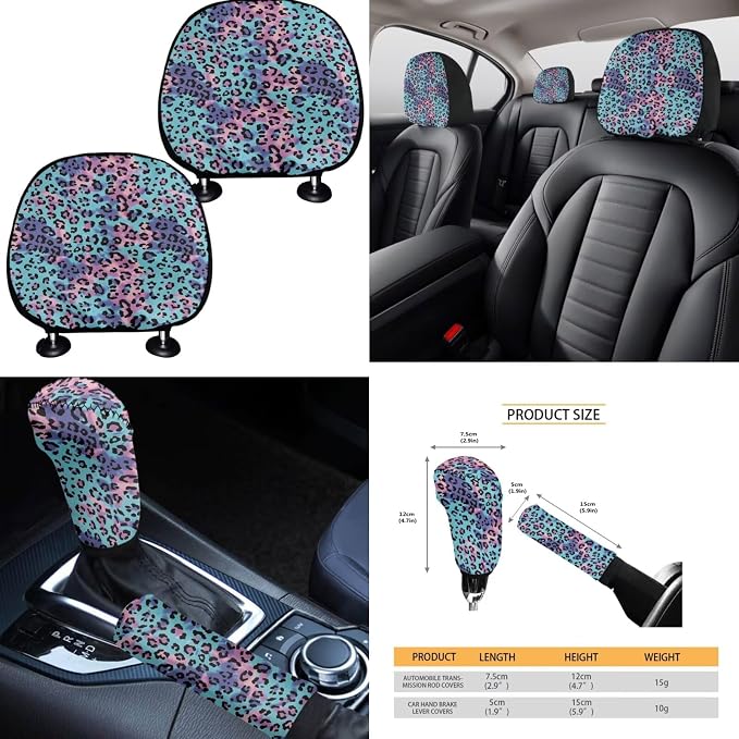 Colorful Leopard Car Seat Covers Full Set 15 Pcs Universal Car Accessories Steering Wheel Cover Seat Belt Pads Garbage Bag Car Headrest Pillow Covers Armrest Pad