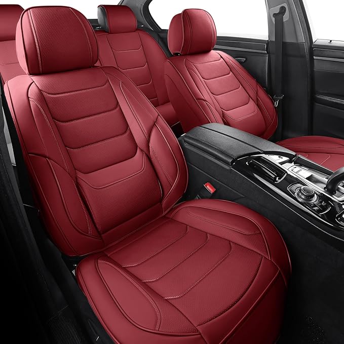 Leather Car Seat Covers Full Set Breathable Automotive Seat Covers Waterproof Seat Protectors Universal Fit for Most Automotive Cars SUV Trucks (Red, Full Set)