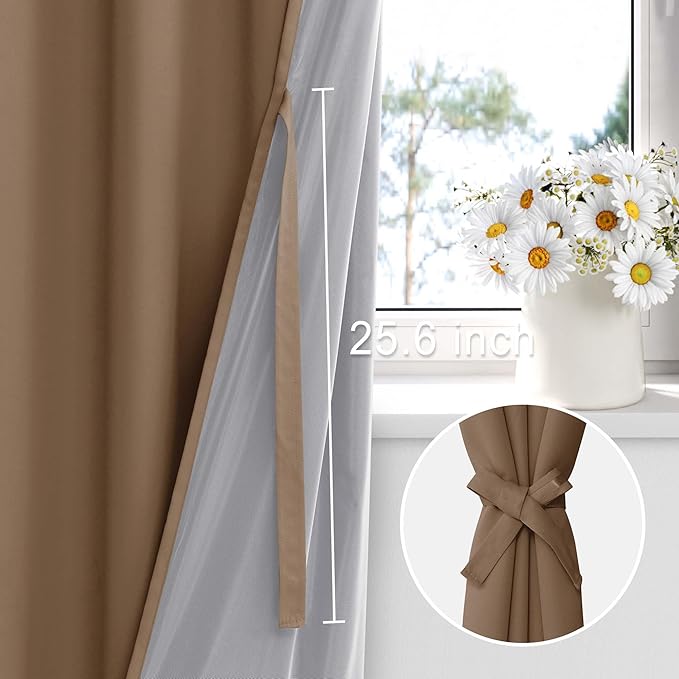 XWZO 100% Blackout Curtain Panels - Thermal Insulated Black Liner Curtains, Noise Reducing and Heat Blocking Drapes for Hall and Studio Windows with Tiebacks, Cappuccino, W52 x L84, Set of 2