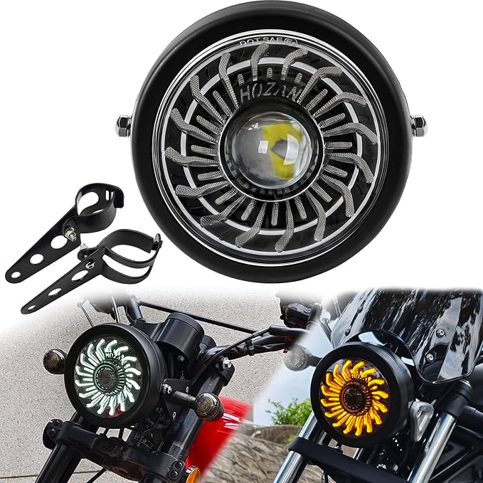 5.75inch 5-3/4 Black Motorcycle Headlight Whirlwind White/Amber DRL Start-up Gradient Welcome Halo Light with Matte Black Housing Bucket Compatible with Motorbikes