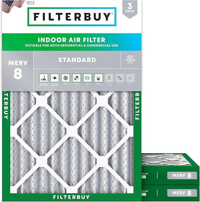 Filterbuy 18x24x2 Air Filter MERV 8 Essential Dust & Allergy Defense (3-Pack), Electrostatic Pleated HVAC AC Furnace Filters Replacement (Actual Size: 17.38 x 23.38 x 1.75)
