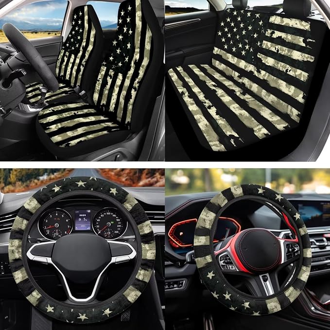 Camouflage Flag Car Seat Covers Full Set 12 Pack with Steering Wheel Cover,Seat Belt Covers Cup Holder with Keychain,Novelty Automotive Protector Set Unverisal Fit Cars SUV