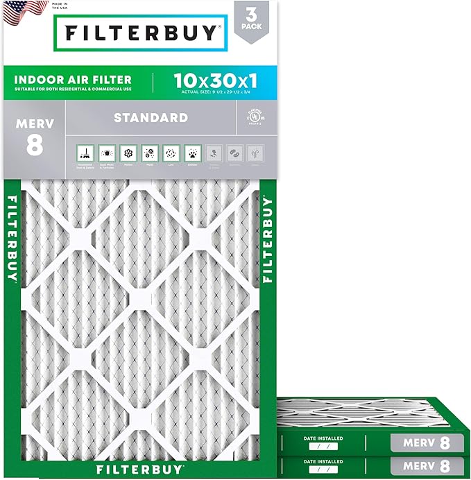 Filterbuy 10x30x1 Air Filter MERV 8 Essential Dust & Allergy Defense (3-Pack), Electrostatic Pleated HVAC AC Furnace Filters Replacement (Actual Size: 9.50 x 29.50 x 0.75)