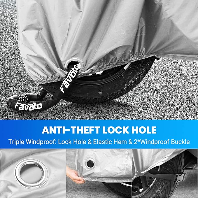 Favoto Motorcycle Cover Waterproof Outoor - Universal Heavy Duty Oxford Fabric Night Reflective with Lock-Hole Windproof Buckles Storage Bag Rain Dust Sun Protection Silver, 86.6 inch