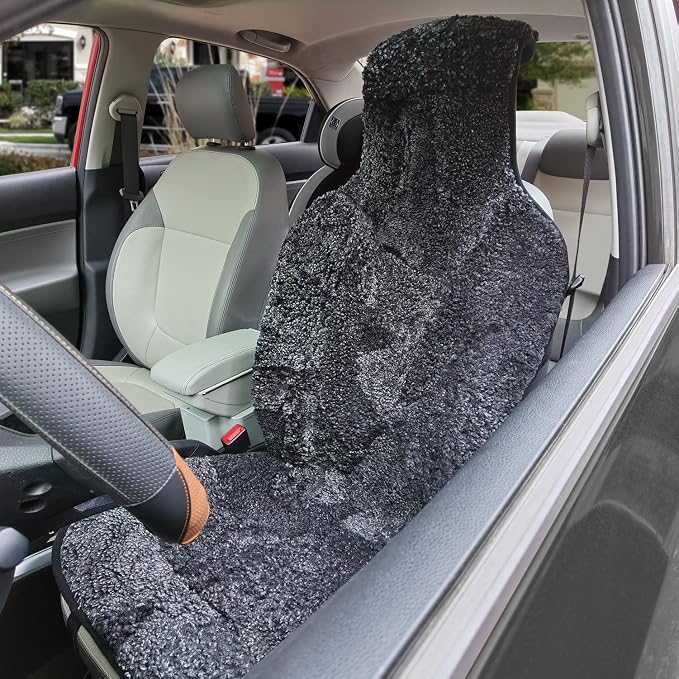 Champlus Genuine Australian Sheepskin Seat Cover, Wool Cushion for Sedan Cars SUVs Trucks and Minivans, Quick Install, Black