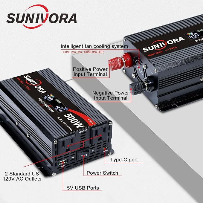 500 Watt Car Power Inverter 12V DC to 110V/120V AC Converter 1000W Peak with LCD Display, 2 AC Outlets & PD Type-C & USB 3.0, Car Plug in Adapter Outlet Supplies Power to Appliances on Car Boat