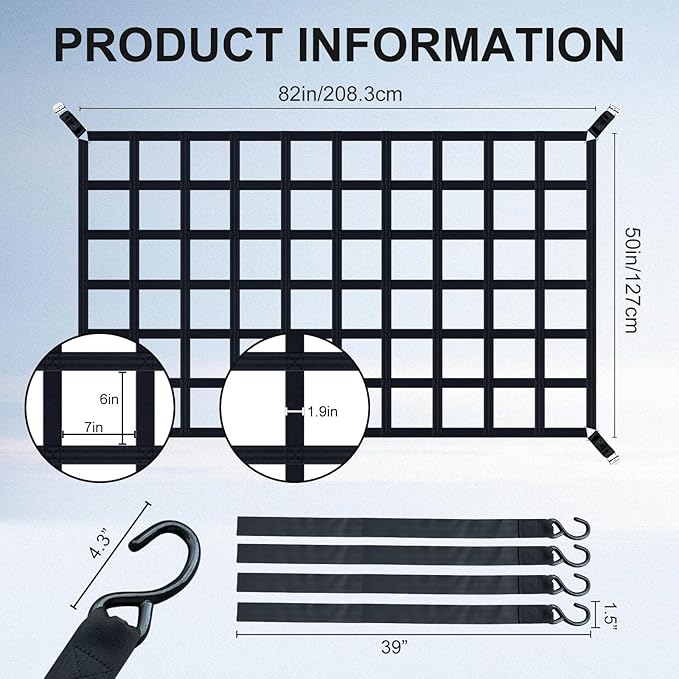 Cargo Net for Pickup Truck Bed, 82" x 50" Heavy Duty 1100LBS Capacity, Adjustable Cam Buckles & S-Hooks, Thick Herringbone Nylon Mesh with Drawstring Storage Bag for Trailers and Trucks