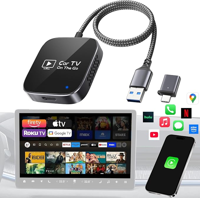 2-in-1 Wireless CarPlay Adapter & Car TV Mate Pro 2026 [Metal & Glass Case, Autolink Pro] Convert Wired to Wireless Car Play with HDMI Input, Screen Mirroring & Streaming, Fit for 2016+ Cars -Black