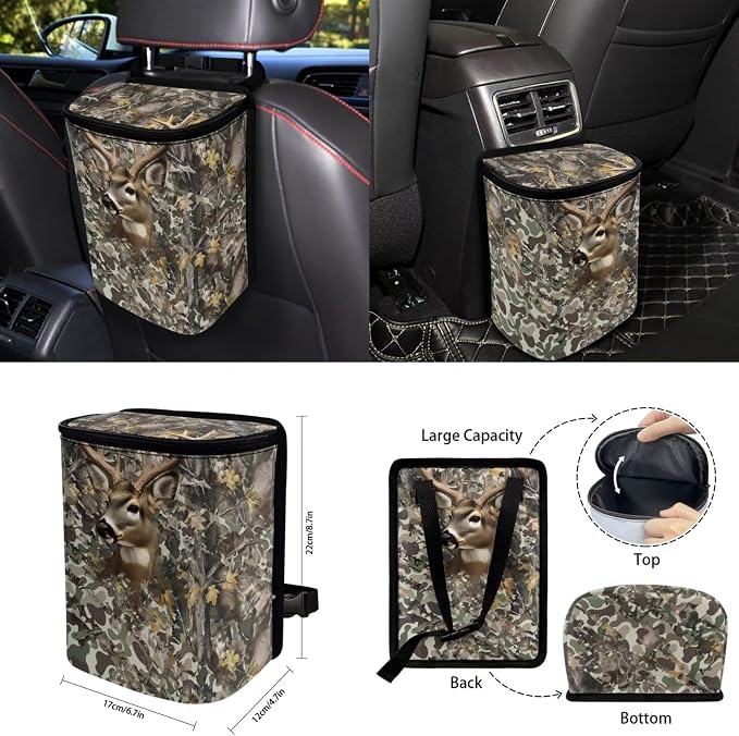 15 Pcs Camo Hunting Deer Car Seat Cover Full Set for Women Men with Car Steering Wheel Cover Seat Belt Cover Trash Bin Front Rear View Mirror Car Cup Holder Keychain