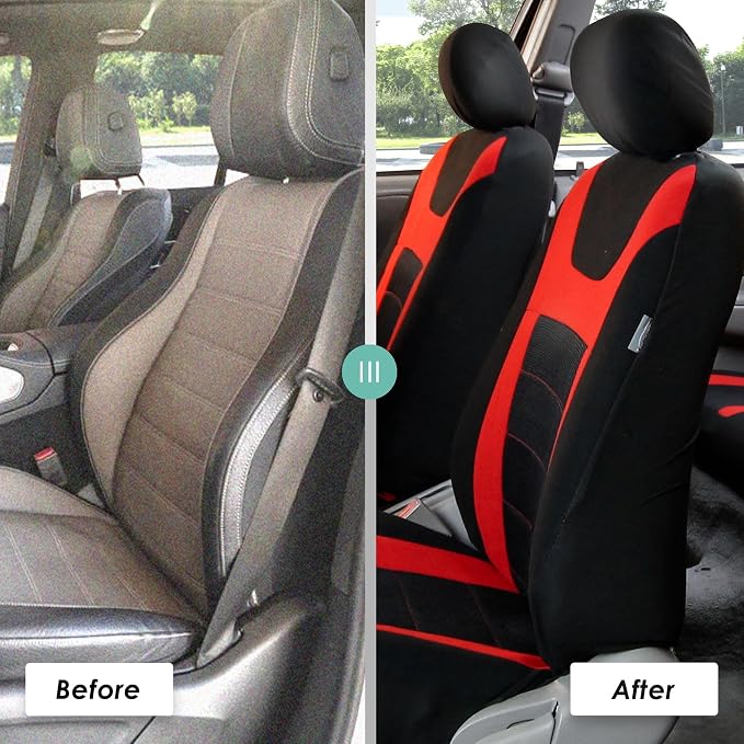 FH Group Car Seat Covers Universal Fit Full Set Interior Accessories, Sports Red Seat Covers with Airbag and Split Rear Automotive Combo Vinyl Floor Mats Seat Covers for Cars Vans Trucks and SUV