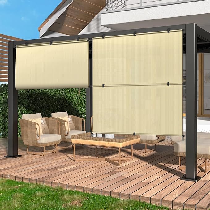 Coarbor Outdoor Roller Shades 4'W x 9.5'H Porch Sun Shades Outdoor Roll Up Blinds for Patio Porch Gazebo Balcony Backyard, Beige