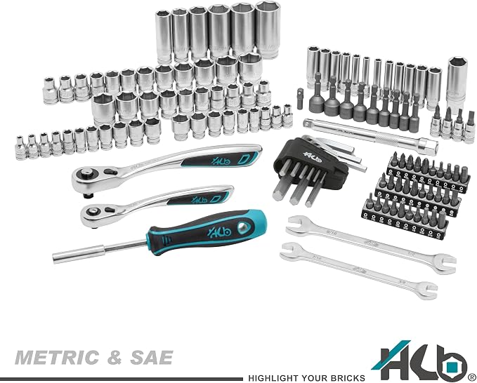 HB 121-Piece Mechanic Tool Set AKX001-U | 120-Tooth Ratchet 3/8 & 1/4-Inch Drive SAE Metric Deep Sockets TORX Bits Wrenches Nut Driver Hex Key Chrome Vanadium Steel Portable Carry Case Made in Taiwan