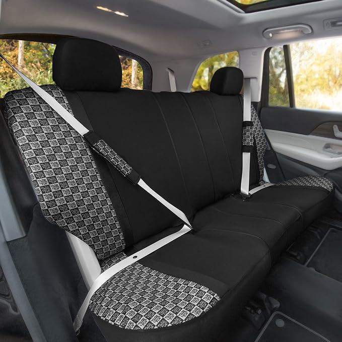 We Are Young Life is Fun™ Checker Car Seat Covers Universal Fit Interior Accessories Full Set Black Seat Cover Combo Steering Wheel Cover and Seat Belt Pads, Airbag and Split Rear Car Seat Covers