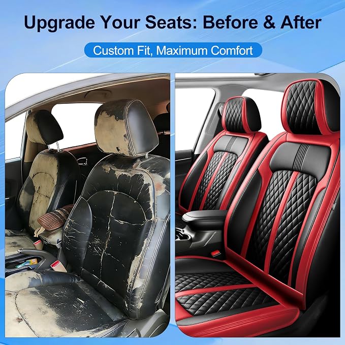 Fit XT5 Car Seat Covers (Front Pair) for Select Cadillac XT5 2017-2026, Premium Full Coverage Leather, Airbag Compatible, Waterproof & All Weather Breathable Seat Cushion Protector, Black+Red