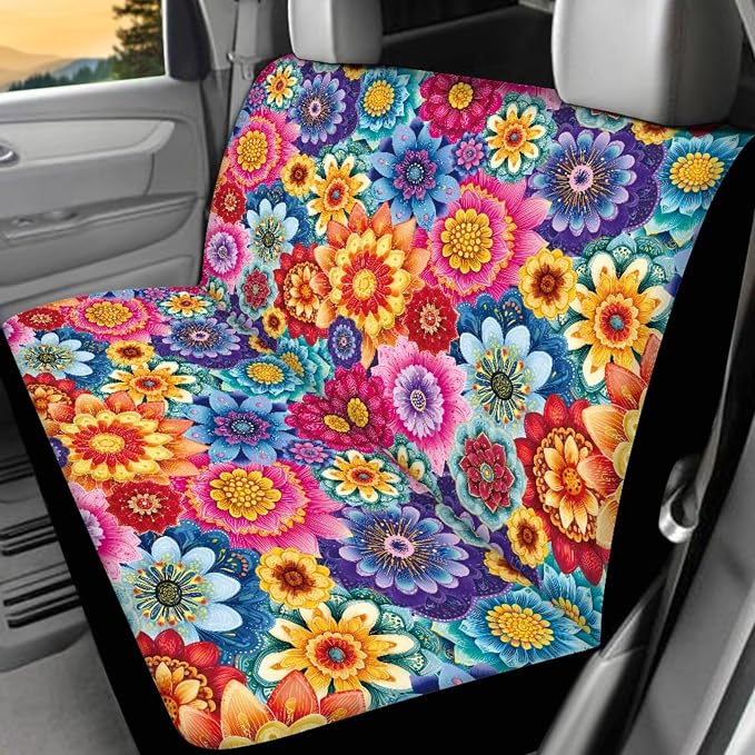 17 Pcs Hippie Lotus Car Cover Seats Full Set Mandala Lotus Car Accessories with Car Front Rear Carpets Mats Steering Wherl Cover Seat Belt Cover Pad Set Car Coasters Armrest Pad,Universal Fit
