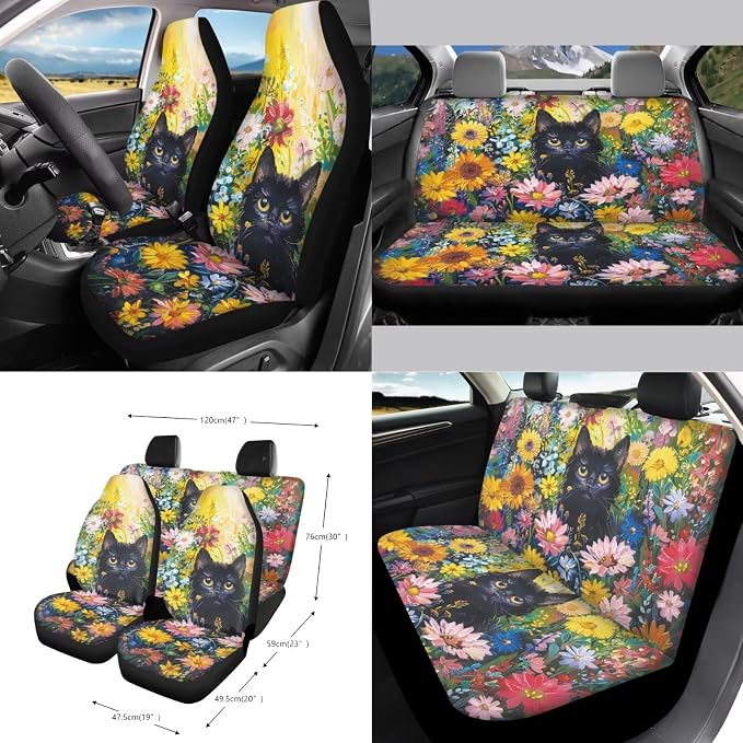 Cat Daisy Print Car Seat and Steering Wheel Cover Set with Safety Belt Pads Inside Rearview Mirror Cover Cup Cushions Trash Bin Car Vent Storage Pouch Key Chain Universal Fit