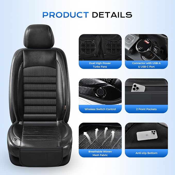 Coverado Cooling Car Seat Cover, 12V-24V Ventilated Driver Seat Cushion with 2 Turbo Fans & Wireless Control, Carbon Fiber Fabric Cooled Seat Cover for Car, Universal Fit for Sedans SUV Trucks, Black