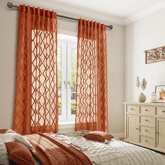 Hokibero Extra Long 120 Inch Rust Curtains for Bedroom Living Room Back Tab Light Filtering Sheer Curtains Geometric Embroidered Tuft Pom Window Treatment for Dining Room 10ft Fall Boho Decor
