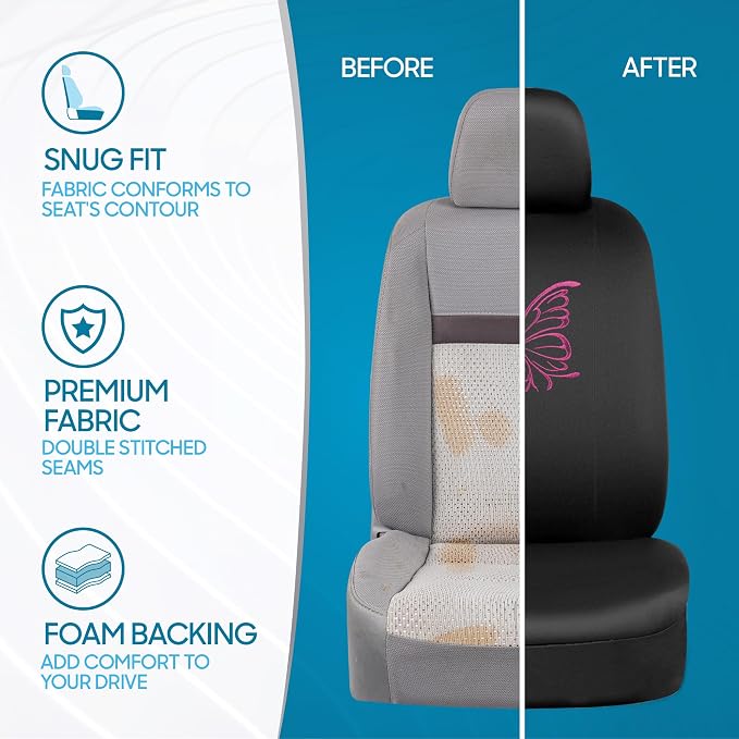 BDK Pink Butterfly Print Car Seat Covers, Full Set with Steering Wheel Cover and Seat Belt Pads, Front and Rear Universal Fit for Car Truck SUV Van, Cute Auto Interior Accessory for Women Girl
