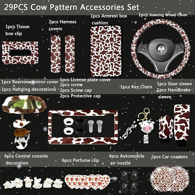 29 PCS Cow Pattern Car Accessories,Including Dashboard Decoration,Rearview Mirror Decoration,Etc,Suitable for Sedans,SUVS and Other Models,Cute Car Interior Sets Suitable for Women (Brown)