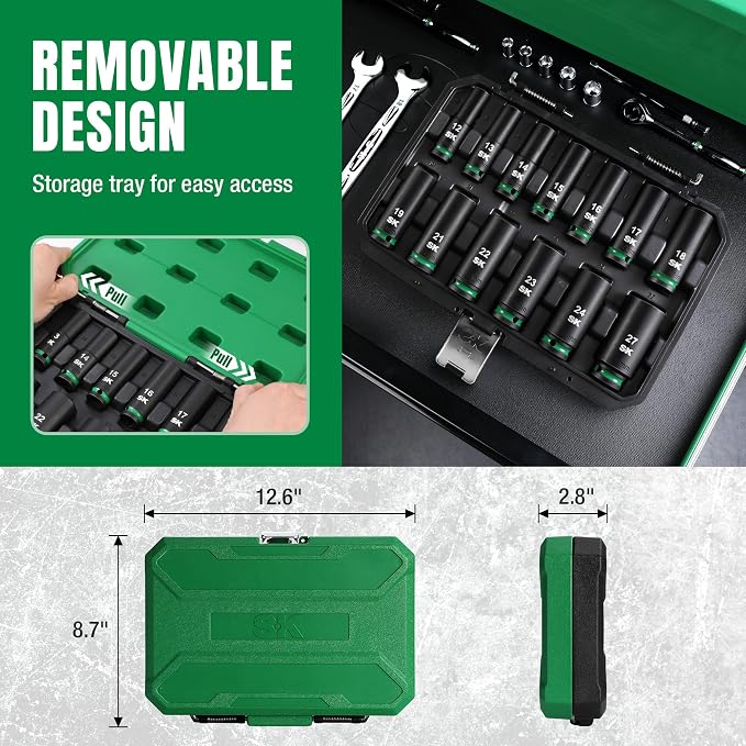 SK 1/2" Drive Impact Socket Set, Deep Metric Sockets, 13-Piece 12-27mm, Premium CR-MO Steel, SureGrip 6 Point Design, With Storage Case