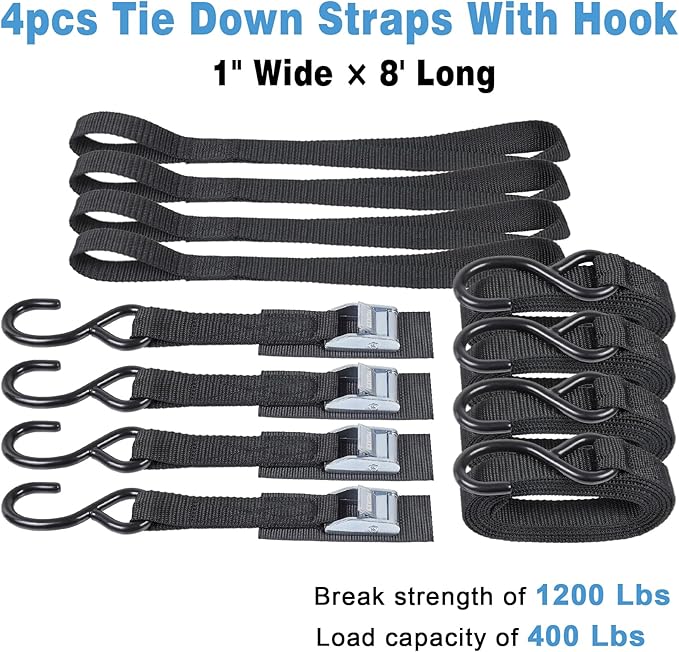 EXVITAL Tie Down Straps with Hook Cam Buckle Straps 1" x 8’ 1200lbs Break Strenght with Extra Soft Loops for Motorcycle, Kayak, ATVs, Dirt Bike, Truck, Car Black 4 Pack