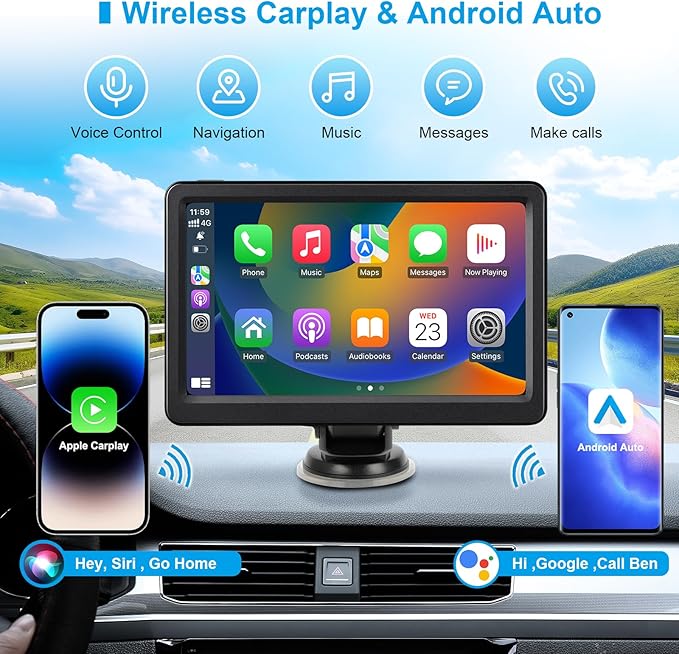 Wireless Carplay Screen for Car, 7" HD Portable Car Stereo Touch Screen, Compatible with Apple Carplay and Android Auto, with GPS Navigation, Bluetooth, Mirror Link, Voice Control, AUX Input, FM Radio