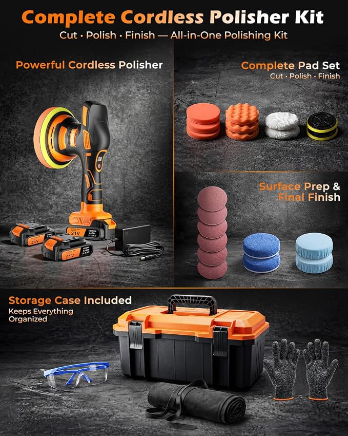 8-Speed Cordless Car Buffer Polisher Kit | Long Runtime | 28 PCS Complete Kit | Hard Carrying Case | For Waxing Polishing Scratch Removal | Ideal for Car RV Boat Gift Giving
