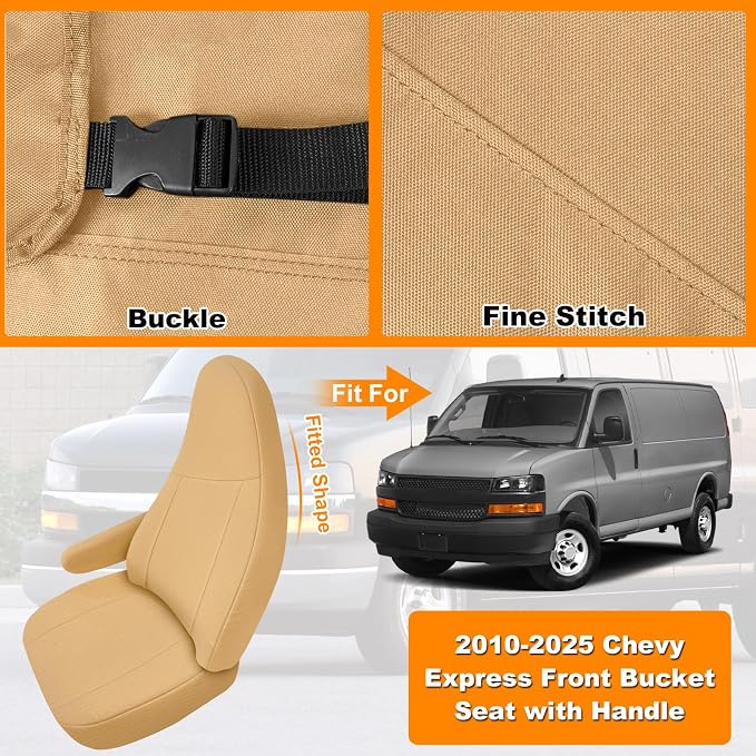 Seat Covers Compatible with 2010-2025 Chevy Express Front Bucket Seats with Opening for Grab Handle on Passenger Side Backrest, Custom-Made Heavy Duty Seat Cover, NOT for RV Seats