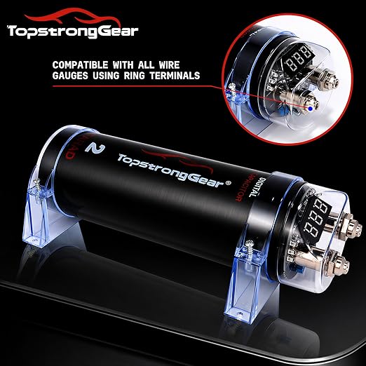 TOPSTRONGGEAR 2 Farad Digital Power Capacitor for Car Audio System, Performance Car Audio Capacitors with LED Digital Display, Voltage Readout, Surge Protection, Mounting Hardware, 12V/24V Compatible