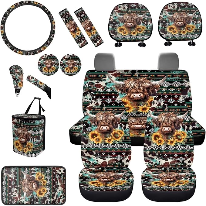 BIGCARJOB Highland Cow Print Car Seat Covers Set Navajo Tribal Car Interior Accessories Full Set 15 Pcs Auto Seat Headrest Cover Steering Wheel Cover Car Trash Can Hanging