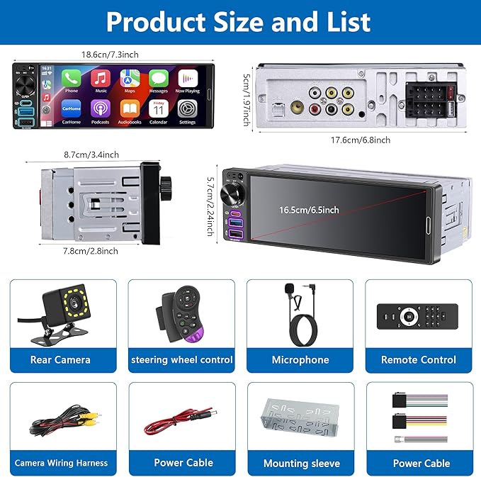 REAKOSOUND Upgrade Your Old Car – 6.5" Single Din Car Stereo with Wireless Apple CarPlay & Android Auto, Bluetooth 6.0, Backup Camera Ready, FM, USB & Type-C, EQ, SWC, MIC