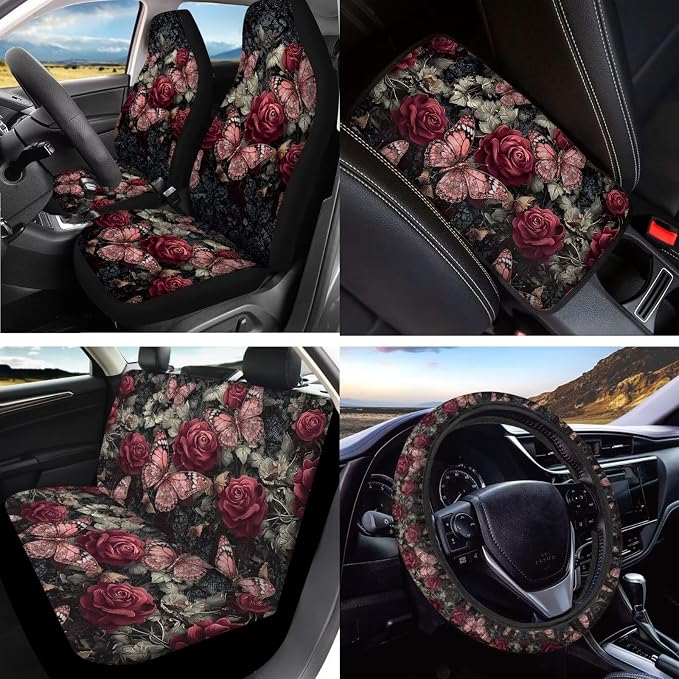 Butterfly Rose Print Car Seat Cover Full Set with Auto Steering Wheel Cover Seat Belt Protector Armrest Pad Auto Rear View Mirror Protector Set of 15, Pink and Green