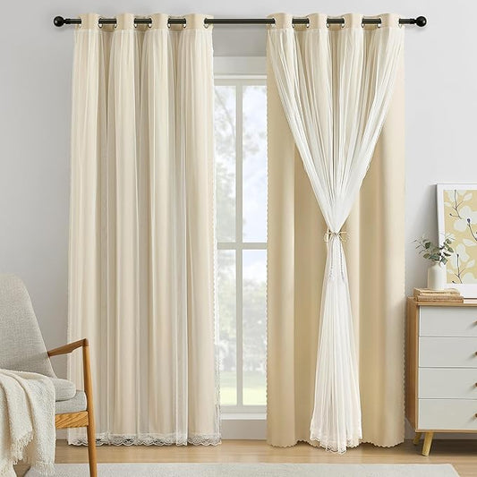 XiDi Beige Blackout Curtains with Sheer Overlay for Living Room Bedroom 63 Inches Long 2 Panels Mix & Match Double Layer Thermal Insulated Beige Window Drapes with Tiebacks Grommet Top W34 x L63
