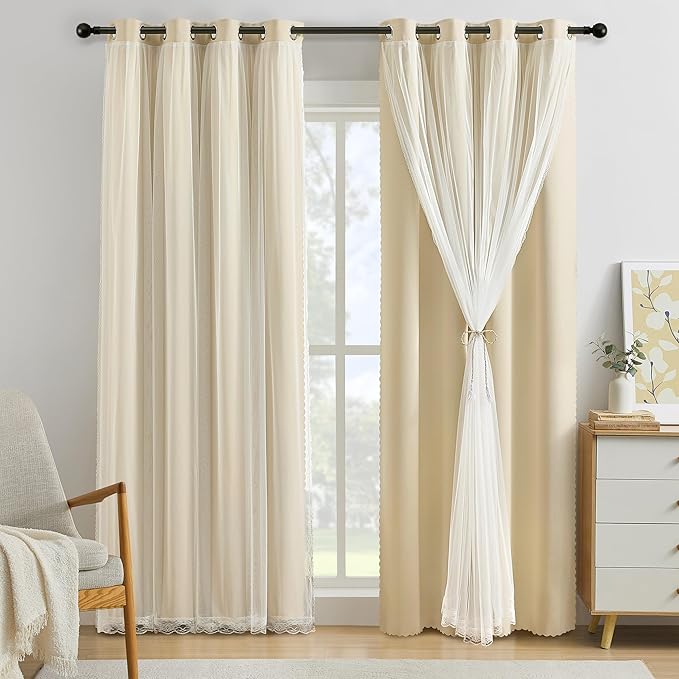 XiDi Beige Double Layer Curtains with Sheer Overlay for Girls Bedroom Living Room 2 Panels Beige Blackout Curtains 96 Inches Long for Kid Nursery Room Decor Thermal Insulated Grommet Drapes W34 x L96