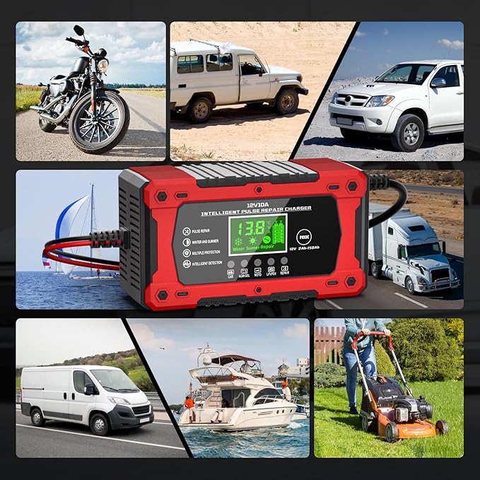 10A 12V Battery Charger for Car Fully Automatic Smart Trickle Charger & Maintainer with LCD Display, Temperature Compensation for Truck, Motorcycle, Boat, Lawn Mower