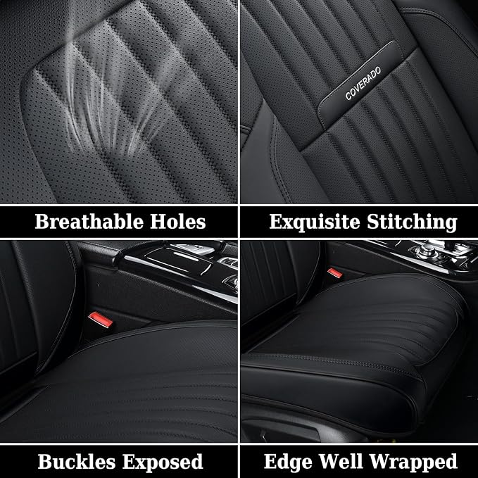 Coverado Car Seat Covers Full Set, Seat Covers for Cars, Black Car Seat Cover, Nappa Leather Car Seat Cushion, Car Seat Protector, Waterproof Car Seat Covers Front Seats and Back Fit for Most Cars